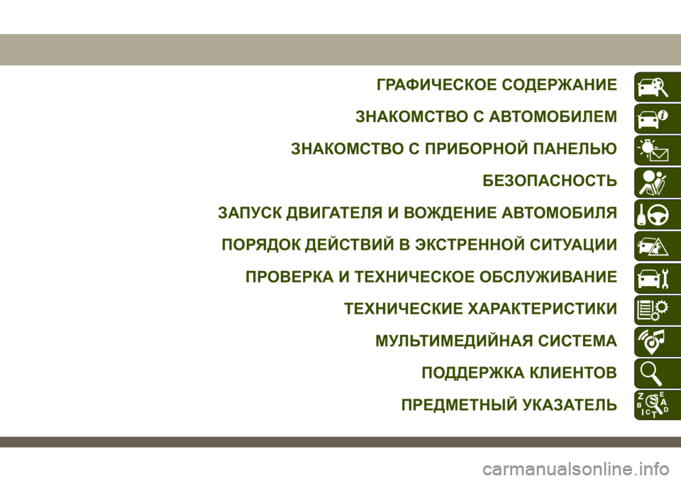 JEEP CHEROKEE 2019  Руководство по эксплуатации и техобслуживанию (in Russian) ГРАФИЧЕСКОЕ СОДЕРЖАНИЕ
ЗНАКОМСТВО С АВТОМОБИЛЕМ
ЗНАКОМСТВО С ПРИБОРНОЙ ПАНЕЛЬЮ
БЕЗОПАСНОСТЬ
ЗАПУСК ДВИГАТ