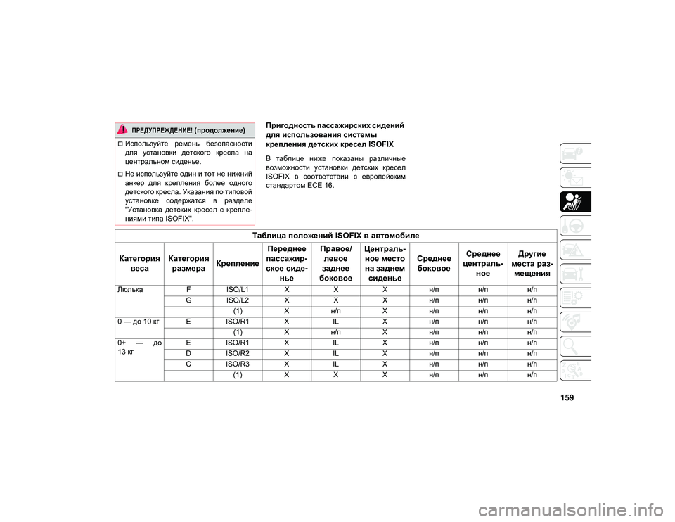 JEEP CHEROKEE 2020  Руководство по эксплуатации и техобслуживанию (in Russian) 159
Пригодность пассажирских сидений 
для использования системы 
крепления детских кресел ISOFIX
В  таблице  ниже
