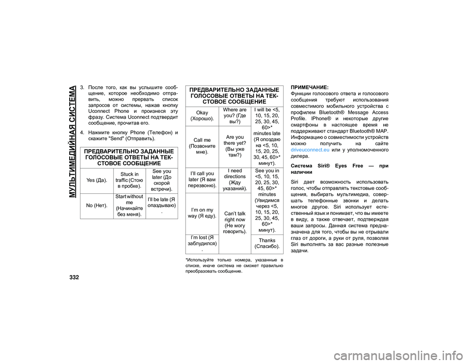 JEEP CHEROKEE 2020  Руководство по эксплуатации и техобслуживанию (in Russian) 
МУЛЬТИМЕДИЙНАЯ СИСТЕМА

332
3. После  того,  как  вы  услышите  сооб-
щение,  которое  необходимо  отпра -
вить,  мож�