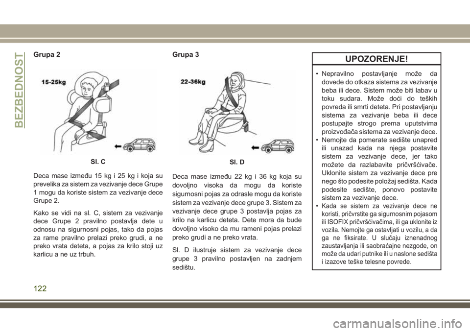 JEEP CHEROKEE 2018  Knjižica za upotrebu i održavanje (in Serbian) Grupa 2
Deca mase između 15 kg i 25 kg i koja su
prevelika za sistem za vezivanje dece Grupe
1 mogu da koriste sistem za vezivanje dece
Grupe 2.
Kako se vidi na sl. C, sistem za vezivanje
dece Grupe 