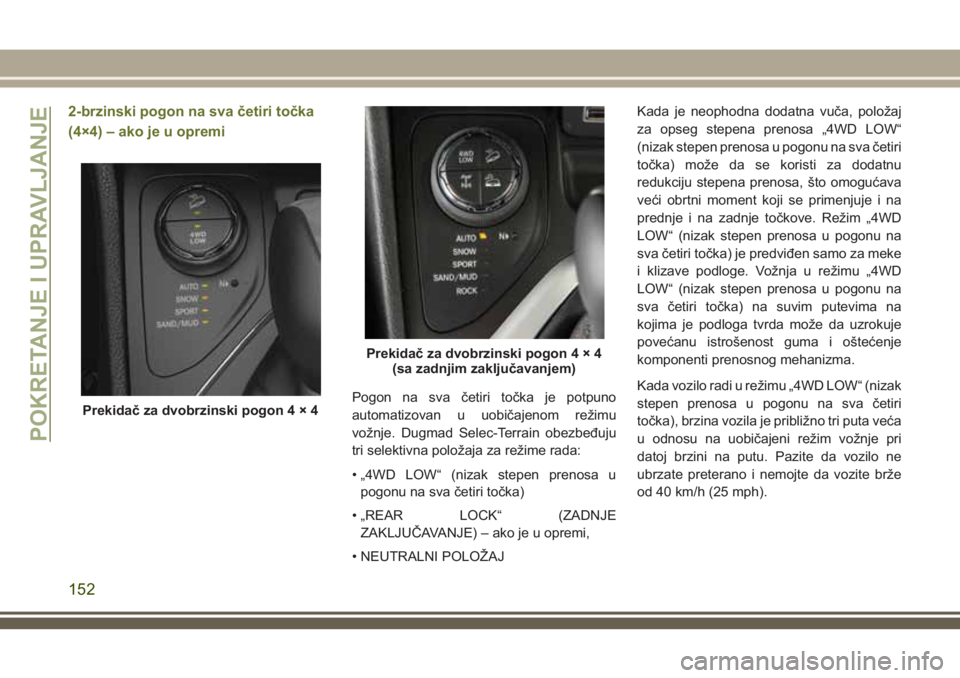 JEEP CHEROKEE 2018 Knjižica za upotrebu i održavanje (in Serbian) 2-brzinski pogon na sva četiri točka
(4×4) – ako je u opremi
Pogon na sva četiri točka je potpuno
automatizovan u uobičajenom režimu
vožnje. Dugmad Selec-Terrain obezbeđuju
tri selektivna p JEEP CHEROKEE 2018 Knjižica za upotrebu i održavanje (in Serbian) 2-brzinski pogon na sva četiri točka
(4×4) – ako je u opremi
Pogon na sva četiri točka je potpuno
automatizovan u uobičajenom režimu
vožnje. Dugmad Selec-Terrain obezbeđuju
tri selektivna p