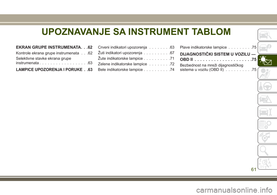 JEEP CHEROKEE 2018 Knjižica za upotrebu i održavanje (in Serbian) UPOZNAVANJE SA INSTRUMENT TABLOM
EKRAN GRUPE INSTRUMENATA. . .62
Kontrole ekrana grupe instrumenata . . .62
Selektivne stavke ekrana grupe
instrumenata..................63
LAMPICE UPOZORENJA I PORUKE JEEP CHEROKEE 2018 Knjižica za upotrebu i održavanje (in Serbian) UPOZNAVANJE SA INSTRUMENT TABLOM
EKRAN GRUPE INSTRUMENATA. . .62
Kontrole ekrana grupe instrumenata . . .62
Selektivne stavke ekrana grupe
instrumenata..................63
LAMPICE UPOZORENJA I PORUKE