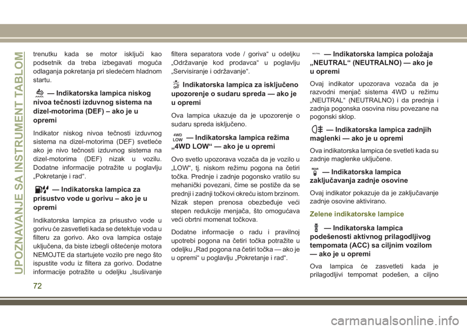 JEEP CHEROKEE 2018 Knjižica za upotrebu i održavanje (in Serbian) trenutku kada se motor isključi kao
podsetnik da treba izbegavati moguća
odlaganja pokretanja pri sledećem hladnom
startu.
— Indikatorska lampica niskog
nivoa tečnosti izduvnog sistema na
dizel- JEEP CHEROKEE 2018 Knjižica za upotrebu i održavanje (in Serbian) trenutku kada se motor isključi kao
podsetnik da treba izbegavati moguća
odlaganja pokretanja pri sledećem hladnom
startu.
— Indikatorska lampica niskog
nivoa tečnosti izduvnog sistema na
dizel-