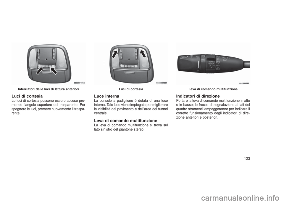 JEEP GRAND CHEROKEE 2014  Libretto Uso Manutenzione (in Italian) Luci di cortesiaLe luci di cortesia possono essere accese pre-
mendo l’angolo superiore del trasparente. Per
spegnere le luci, premere nuovamente il traspa-
rente.Luce internaLa console a padiglione