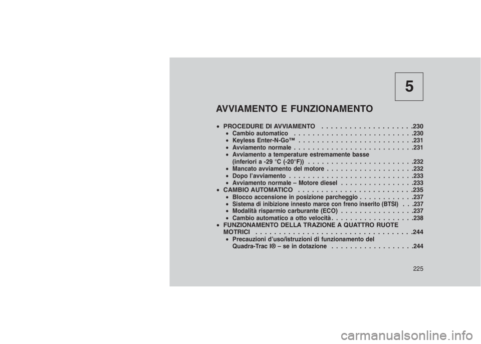 JEEP GRAND CHEROKEE 2014 Libretto Uso Manutenzione (in Italian) 5
AVVIAMENTO E FUNZIONAMENTO
•PROCEDURE DI AVVIAMENTO . . . . . . .. . . . . . . . . . . . .230•Cambio automatico..........................230
•Keyless Enter-N-Go™.........................231
JEEP GRAND CHEROKEE 2014 Libretto Uso Manutenzione (in Italian) 5
AVVIAMENTO E FUNZIONAMENTO
•PROCEDURE DI AVVIAMENTO . . . . . . .. . . . . . . . . . . . .230•Cambio automatico..........................230
•Keyless Enter-N-Go™.........................231