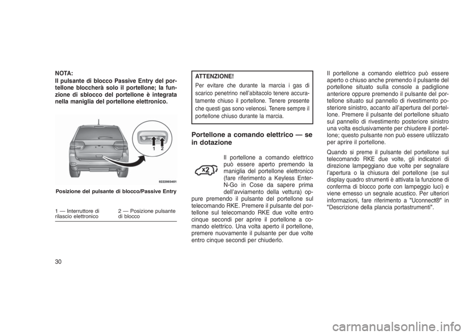 JEEP GRAND CHEROKEE 2013  Libretto Uso Manutenzione (in Italian) NOTA:
Il pulsante di blocco Passive Entry del por-
tellone bloccherà solo il portellone; la fun-
zione di sblocco del portellone è integrata
nella maniglia del portellone elettronico.ATTENZIONE!
Per
