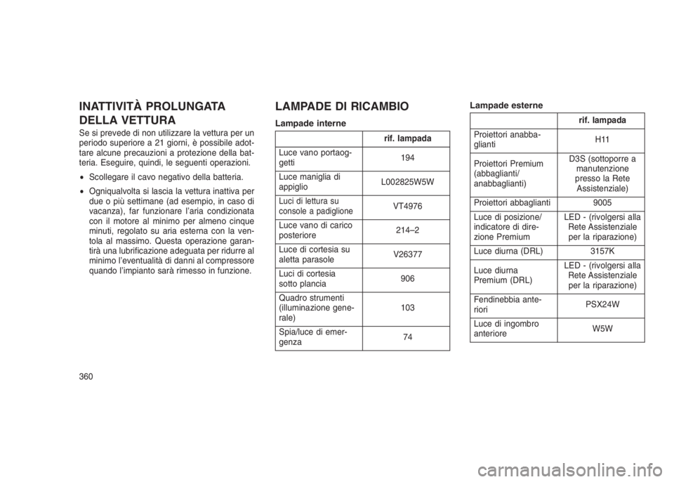 JEEP GRAND CHEROKEE 2014 Libretto Uso Manutenzione (in Italian) INATTIVITÀ PROLUNGATA
DELLA VETTURA
Se si prevede di non utilizzare la vettura per un
periodo superiore a 21 giorni, è possibile adot-
tare alcune precauzioni a protezione della bat-
teria. Eseguire JEEP GRAND CHEROKEE 2014 Libretto Uso Manutenzione (in Italian) INATTIVITÀ PROLUNGATA
DELLA VETTURA
Se si prevede di non utilizzare la vettura per un
periodo superiore a 21 giorni, è possibile adot-
tare alcune precauzioni a protezione della bat-
teria. Eseguire
