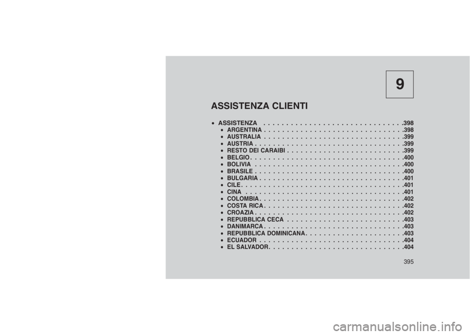 JEEP GRAND CHEROKEE 2014 Libretto Uso Manutenzione (in Italian) 9
ASSISTENZA CLIENTI
•ASSISTENZA...............................398•ARGENTINA...............................398
•AUSTRALIA...............................399
•AUSTRIA............................ JEEP GRAND CHEROKEE 2014 Libretto Uso Manutenzione (in Italian) 9
ASSISTENZA CLIENTI
•ASSISTENZA...............................398•ARGENTINA...............................398
•AUSTRALIA...............................399
•AUSTRIA............................