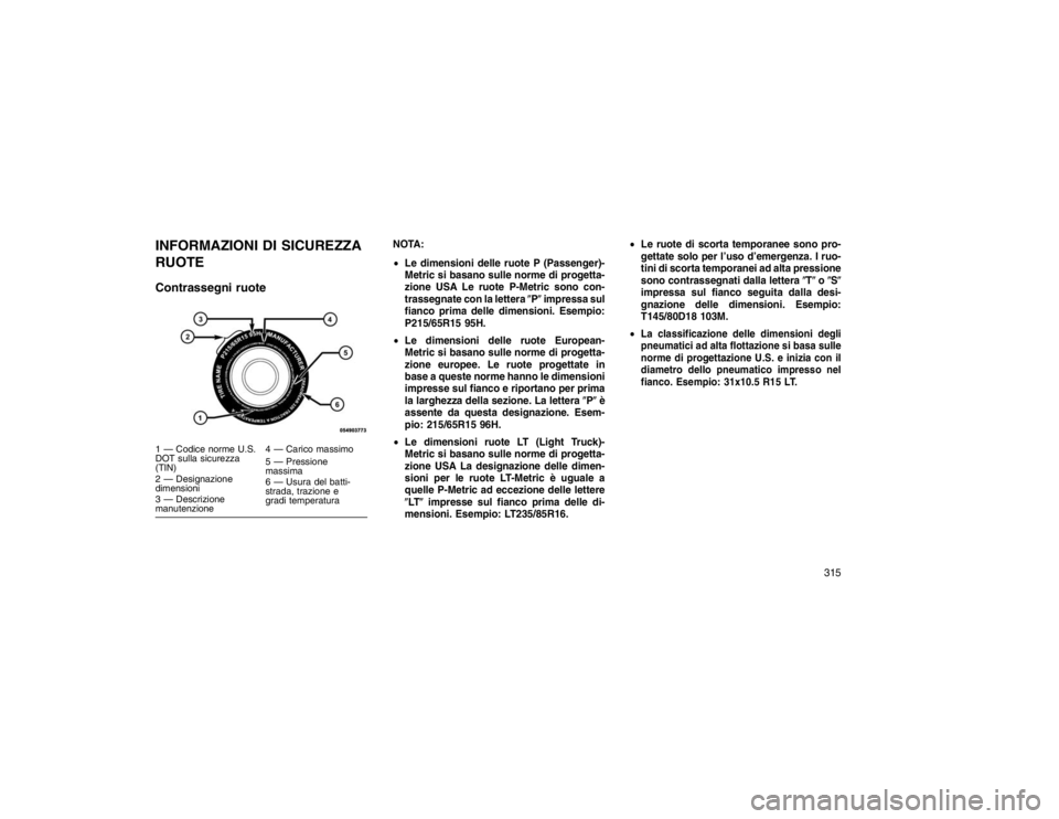 JEEP GRAND CHEROKEE 2016  Libretto Uso Manutenzione (in Italian) INFORMAZIONI DI SICUREZZA
RUOTE
Contrassegni ruote
NOTA:
Le dimensioni delle ruote P (Passenger)-
Metric si basano sulle norme di progetta-
zione USA Le ruote P-Metric sono con-
trassegnate con la le