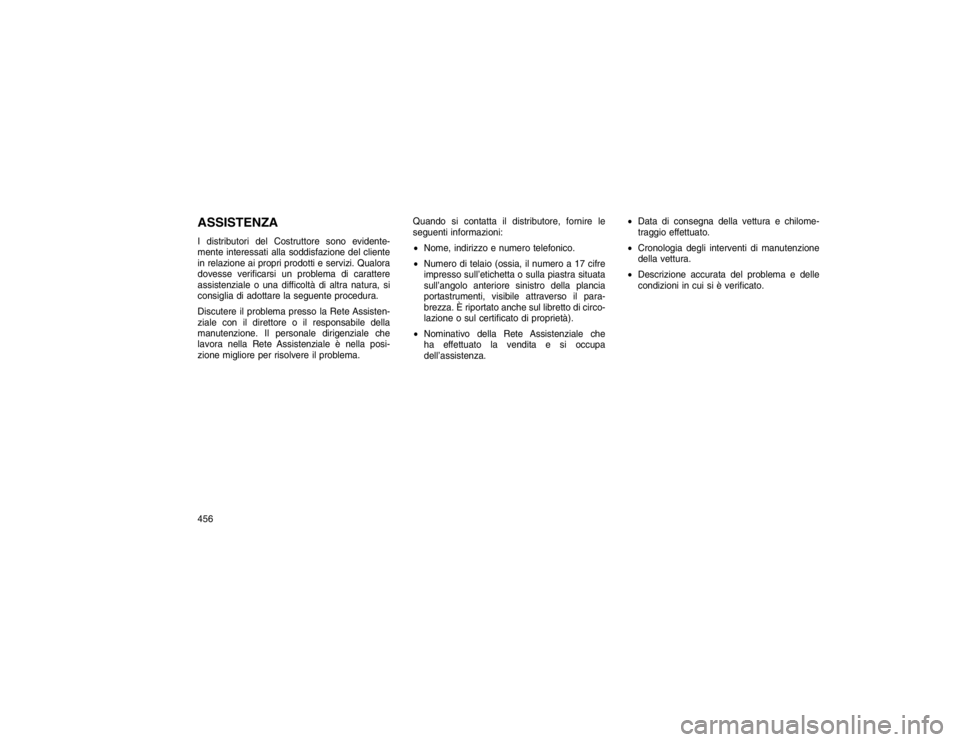 JEEP GRAND CHEROKEE 2016 Libretto Uso Manutenzione (in Italian) ASSISTENZAI distributori del Costruttore sono evidente-
mente interessati alla soddisfazione del cliente
in relazione ai propri prodotti e servizi. Qualora
dovesse verificarsi un problema di carattere JEEP GRAND CHEROKEE 2016 Libretto Uso Manutenzione (in Italian) ASSISTENZAI distributori del Costruttore sono evidente-
mente interessati alla soddisfazione del cliente
in relazione ai propri prodotti e servizi. Qualora
dovesse verificarsi un problema di carattere