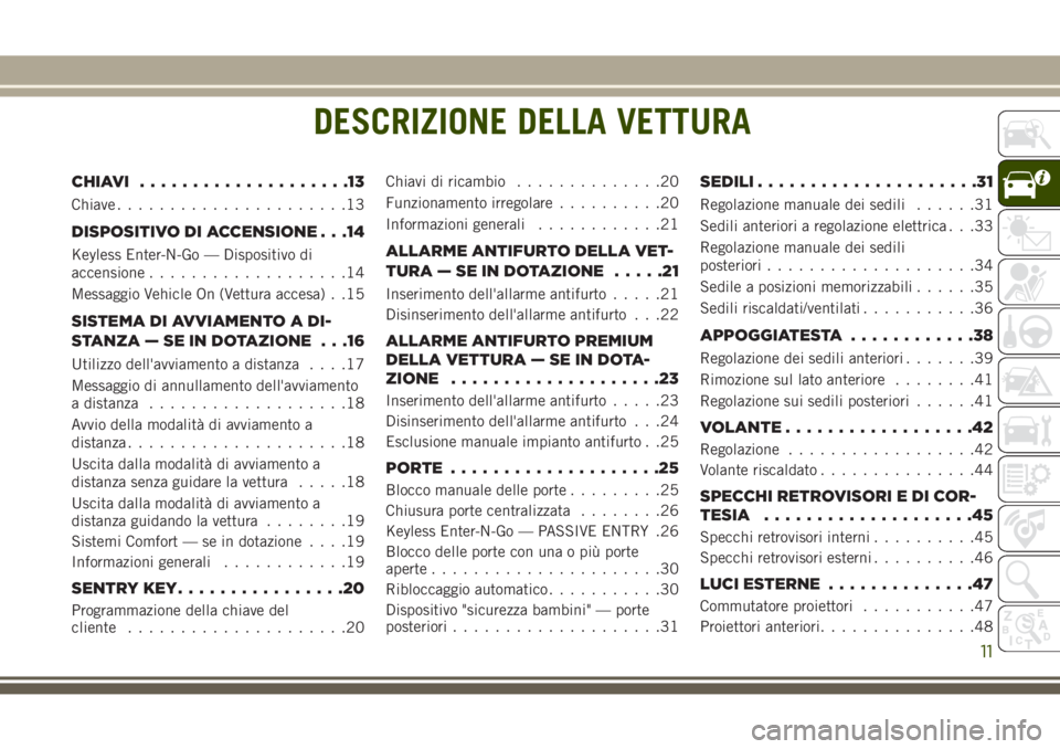 JEEP GRAND CHEROKEE 2017 Libretto Uso Manutenzione (in Italian) DESCRIZIONE DELLA VETTURA
CHIAVI....................13
Chiave......................13
DISPOSITIVO DI ACCENSIONE . . .14
Keyless Enter-N-Go — Dispositivo di
accensione...................14
Messaggio JEEP GRAND CHEROKEE 2017 Libretto Uso Manutenzione (in Italian) DESCRIZIONE DELLA VETTURA
CHIAVI....................13
Chiave......................13
DISPOSITIVO DI ACCENSIONE . . .14
Keyless Enter-N-Go — Dispositivo di
accensione...................14
Messaggio