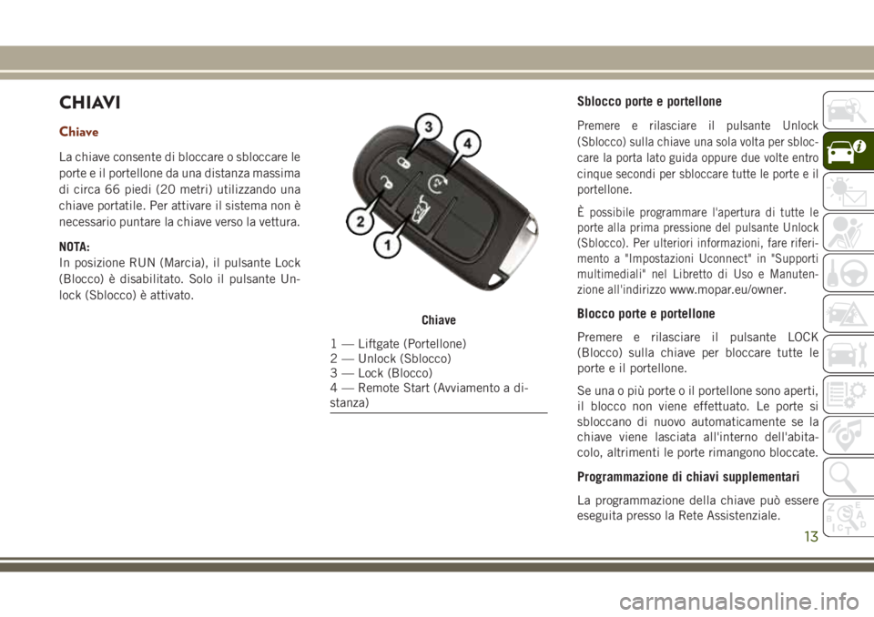 JEEP GRAND CHEROKEE 2017 Libretto Uso Manutenzione (in Italian) CHIAVI
Chiave
La chiave consente di bloccare o sbloccare le
porte e il portellone da una distanza massima
di circa 66 piedi (20 metri) utilizzando una
chiave portatile. Per attivare il sistema non è
JEEP GRAND CHEROKEE 2017 Libretto Uso Manutenzione (in Italian) CHIAVI
Chiave
La chiave consente di bloccare o sbloccare le
porte e il portellone da una distanza massima
di circa 66 piedi (20 metri) utilizzando una
chiave portatile. Per attivare il sistema non è