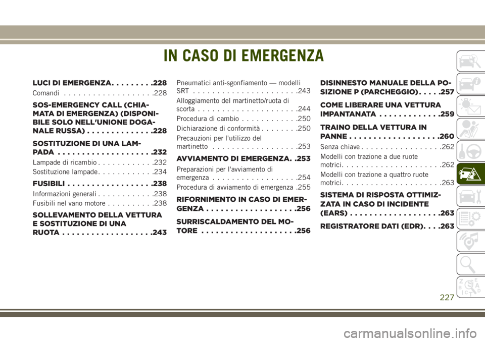 JEEP GRAND CHEROKEE 2017 Libretto Uso Manutenzione (in Italian) IN CASO DI EMERGENZA
LUCI DI EMERGENZA.........228
Comandi...................228
SOS-EMERGENCY CALL (CHIA-
MATA DI EMERGENZA) (DISPONI-
BILE SOLO NELL'UNIONE DOGA-
NALE RUSSA)..............228
SOS JEEP GRAND CHEROKEE 2017 Libretto Uso Manutenzione (in Italian) IN CASO DI EMERGENZA
LUCI DI EMERGENZA.........228
Comandi...................228
SOS-EMERGENCY CALL (CHIA-
MATA DI EMERGENZA) (DISPONI-
BILE SOLO NELL'UNIONE DOGA-
NALE RUSSA)..............228
SOS