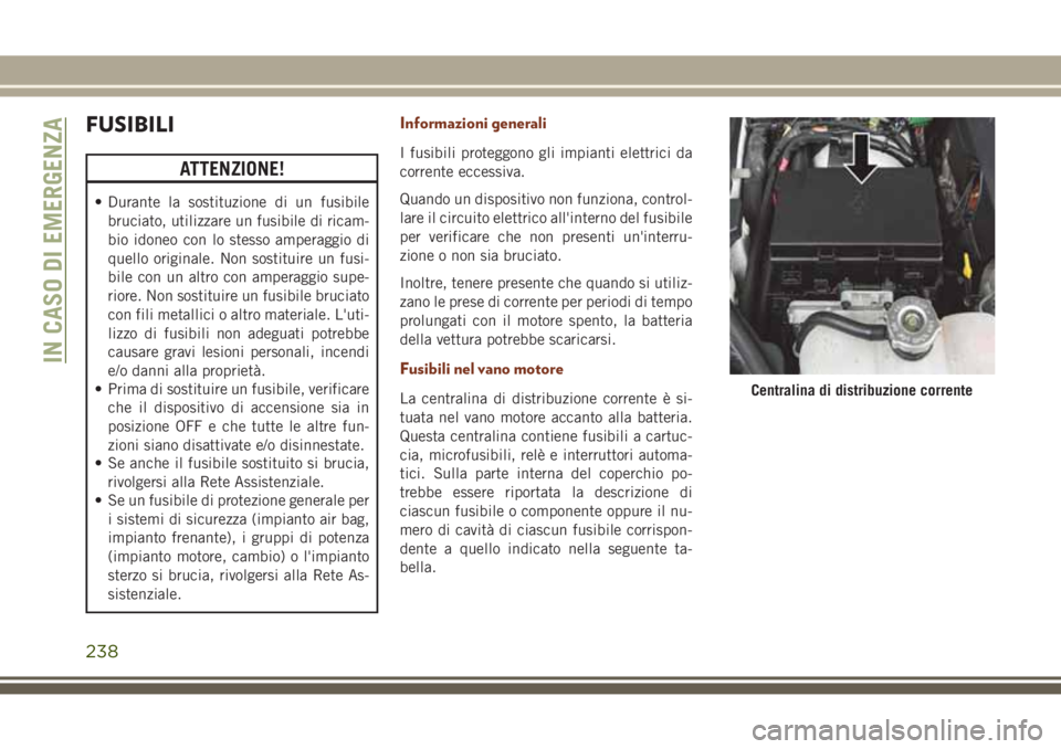 JEEP GRAND CHEROKEE 2017 Libretto Uso Manutenzione (in Italian) FUSIBILI
ATTENZIONE!
• Durante la sostituzione di un fusibile
bruciato, utilizzare un fusibile di ricam-
bio idoneo con lo stesso amperaggio di
quello originale. Non sostituire un fusi-
bile con un JEEP GRAND CHEROKEE 2017 Libretto Uso Manutenzione (in Italian) FUSIBILI
ATTENZIONE!
• Durante la sostituzione di un fusibile
bruciato, utilizzare un fusibile di ricam-
bio idoneo con lo stesso amperaggio di
quello originale. Non sostituire un fusi-
bile con un