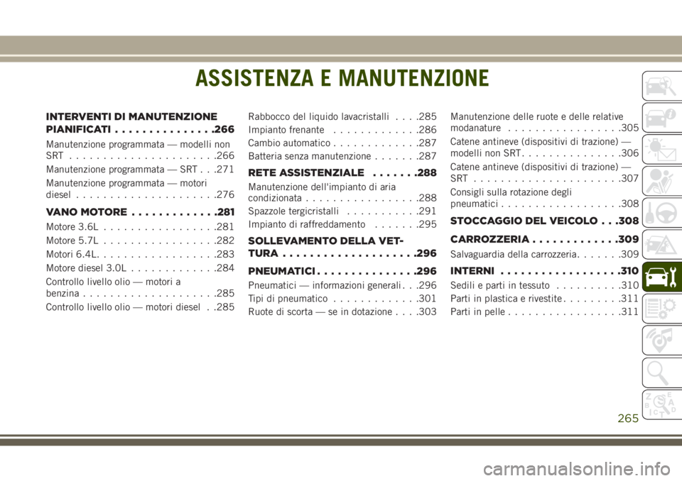 JEEP GRAND CHEROKEE 2017 Libretto Uso Manutenzione (in Italian) ASSISTENZA E MANUTENZIONE
INTERVENTI DI MANUTENZIONE
PIANIFICATI...............266
Manutenzione programmata — modelli non
SRT ......................266
Manutenzione programmata — SRT . . .271
Manu JEEP GRAND CHEROKEE 2017 Libretto Uso Manutenzione (in Italian) ASSISTENZA E MANUTENZIONE
INTERVENTI DI MANUTENZIONE
PIANIFICATI...............266
Manutenzione programmata — modelli non
SRT ......................266
Manutenzione programmata — SRT . . .271
Manu