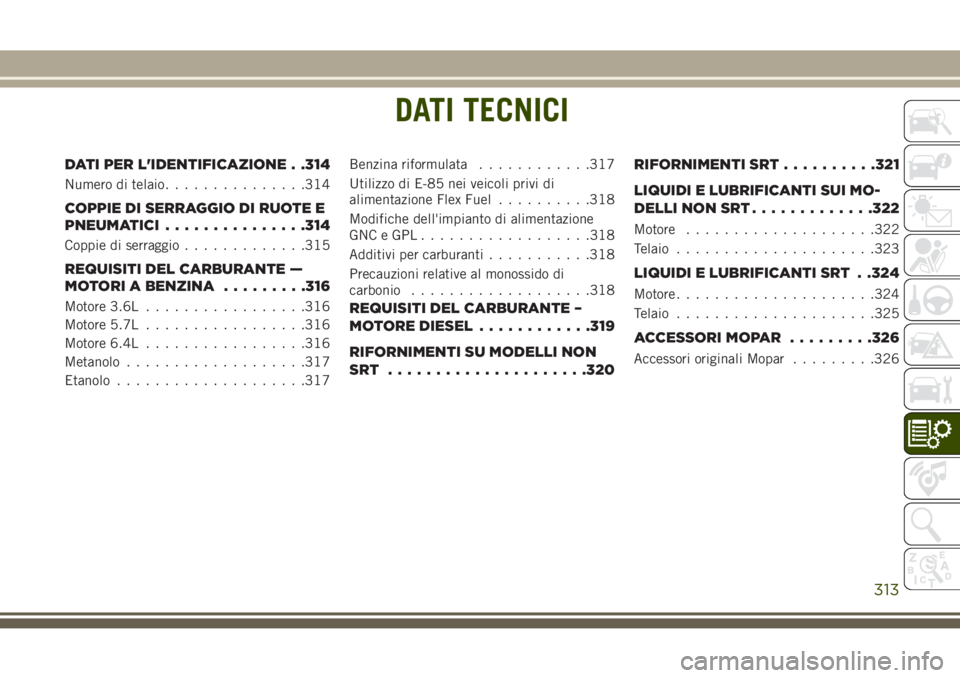 JEEP GRAND CHEROKEE 2017 Libretto Uso Manutenzione (in Italian) DATI TECNICI
DATI PER L'IDENTIFICAZIONE . .314
Numero di telaio...............314
COPPIE DI SERRAGGIO DI RUOTE E
PNEUMATICI...............314
Coppie di serraggio.............315
REQUISITI DEL CARB JEEP GRAND CHEROKEE 2017 Libretto Uso Manutenzione (in Italian) DATI TECNICI
DATI PER L'IDENTIFICAZIONE . .314
Numero di telaio...............314
COPPIE DI SERRAGGIO DI RUOTE E
PNEUMATICI...............314
Coppie di serraggio.............315
REQUISITI DEL CARB