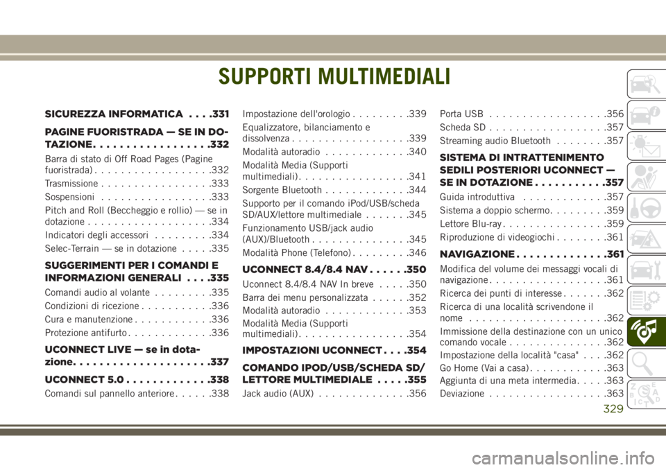 JEEP GRAND CHEROKEE 2017  Libretto Uso Manutenzione (in Italian) SUPPORTI MULTIMEDIALI
SICUREZZA INFORMATICA. . . .331
PAGINE FUORISTRADA — SE IN DO-
TAZIONE..................332
Barra di stato di Off Road Pages (Pagine
fuoristrada)..................332
Trasmissi