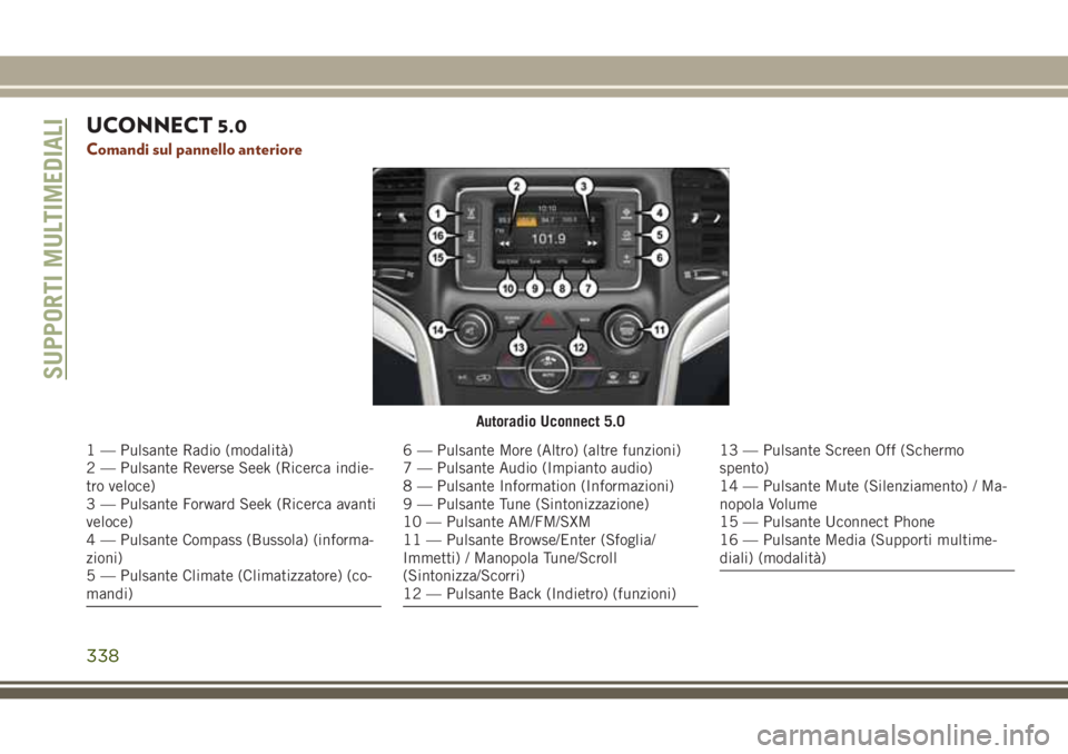 JEEP GRAND CHEROKEE 2017  Libretto Uso Manutenzione (in Italian) UCONNECT 5.0
Comandi sul pannello anteriore
Autoradio Uconnect 5.0
1 — Pulsante Radio (modalità)
2 — Pulsante Reverse Seek (Ricerca indie-
tro veloce)
3 — Pulsante Forward Seek (Ricerca avanti

