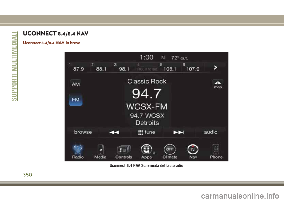 JEEP GRAND CHEROKEE 2017  Libretto Uso Manutenzione (in Italian) UCONNECT 8.4/8.4 NAV
Uconnect 8.4/8.4 NAV In breve
Uconnect 8.4 NAV Schermata dell'autoradio
SUPPORTI MULTIMEDIALI
350 