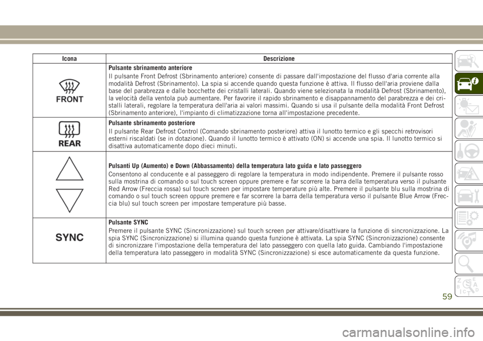 JEEP GRAND CHEROKEE 2017 Libretto Uso Manutenzione (in Italian) Icona Descrizione
Pulsante sbrinamento anteriore
Il pulsante Front Defrost (Sbrinamento anteriore) consente di passare dall'impostazione del flusso d'aria corrente alla
modalità Defrost (Sbri JEEP GRAND CHEROKEE 2017 Libretto Uso Manutenzione (in Italian) Icona Descrizione
Pulsante sbrinamento anteriore
Il pulsante Front Defrost (Sbrinamento anteriore) consente di passare dall'impostazione del flusso d'aria corrente alla
modalità Defrost (Sbri