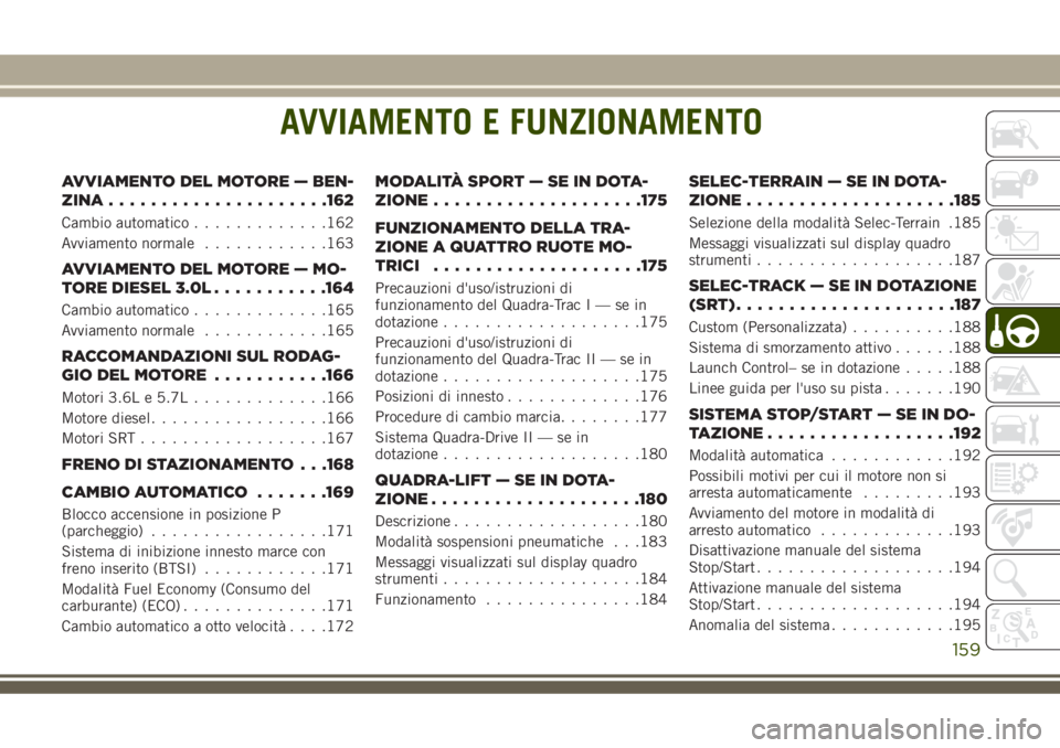 JEEP GRAND CHEROKEE 2018 Libretto Uso Manutenzione (in Italian) AVVIAMENTO E FUNZIONAMENTO
AVVIAMENTO DEL MOTORE — BEN-
ZINA.....................162
Cambio automatico.............162
Avviamento normale............163
AVVIAMENTO DEL MOTORE — MO-
TORE DIESEL 3.0 JEEP GRAND CHEROKEE 2018 Libretto Uso Manutenzione (in Italian) AVVIAMENTO E FUNZIONAMENTO
AVVIAMENTO DEL MOTORE — BEN-
ZINA.....................162
Cambio automatico.............162
Avviamento normale............163
AVVIAMENTO DEL MOTORE — MO-
TORE DIESEL 3.0