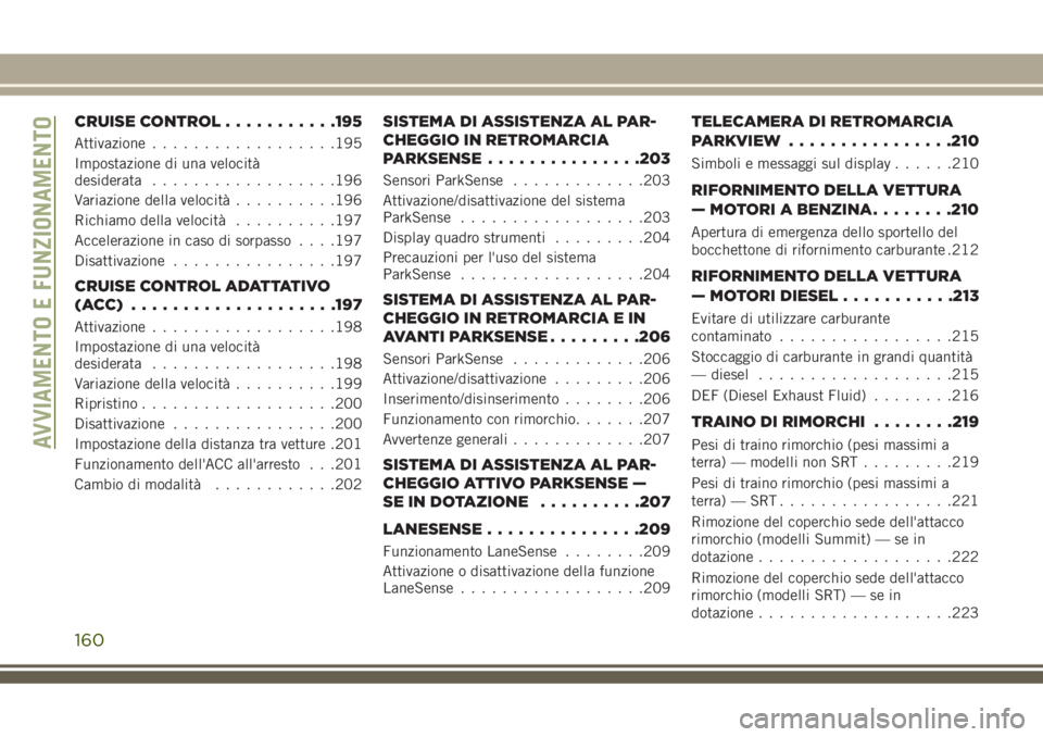 JEEP GRAND CHEROKEE 2018 Libretto Uso Manutenzione (in Italian) CRUISE CONTROL...........195
Attivazione..................195
Impostazione di una velocità
desiderata..................196
Variazione della velocità..........196
Richiamo della velocità..........19 JEEP GRAND CHEROKEE 2018 Libretto Uso Manutenzione (in Italian) CRUISE CONTROL...........195
Attivazione..................195
Impostazione di una velocità
desiderata..................196
Variazione della velocità..........196
Richiamo della velocità..........19