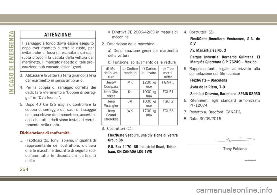 JEEP GRAND CHEROKEE 2018 Libretto Uso Manutenzione (in Italian) ATTENZIONE!
Il serraggio a fondo dovrà essere eseguito
dopo aver riportato a terra le ruote, per
evitare che la forza da esercitare sui dadi
ruota provochi la caduta della vettura dal
martinetto. Il JEEP GRAND CHEROKEE 2018 Libretto Uso Manutenzione (in Italian) ATTENZIONE!
Il serraggio a fondo dovrà essere eseguito
dopo aver riportato a terra le ruote, per
evitare che la forza da esercitare sui dadi
ruota provochi la caduta della vettura dal
martinetto. Il