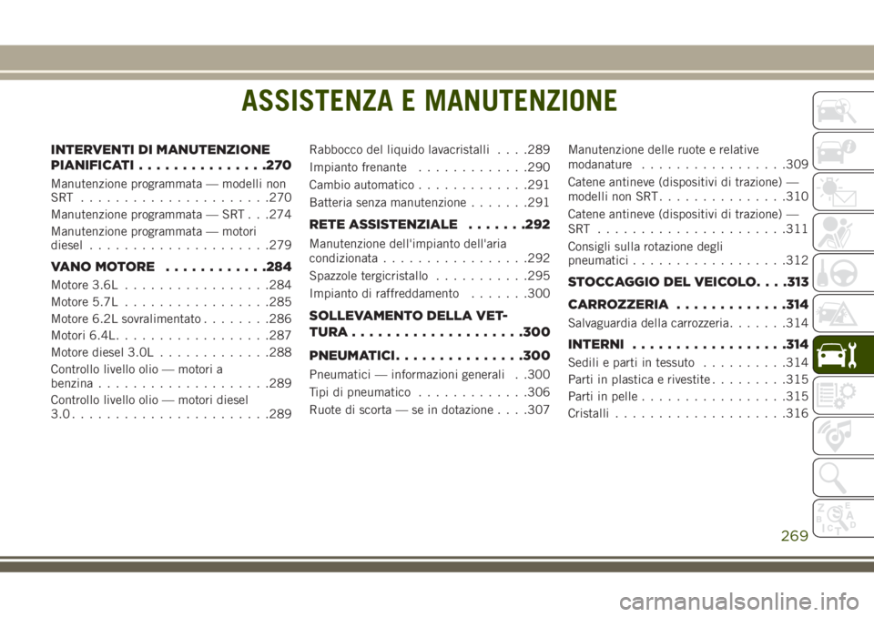 JEEP GRAND CHEROKEE 2018 Libretto Uso Manutenzione (in Italian) ASSISTENZA E MANUTENZIONE
INTERVENTI DI MANUTENZIONE
PIANIFICATI...............270
Manutenzione programmata — modelli non
SRT ......................270
Manutenzione programmata — SRT . . .274
Manu JEEP GRAND CHEROKEE 2018 Libretto Uso Manutenzione (in Italian) ASSISTENZA E MANUTENZIONE
INTERVENTI DI MANUTENZIONE
PIANIFICATI...............270
Manutenzione programmata — modelli non
SRT ......................270
Manutenzione programmata — SRT . . .274
Manu