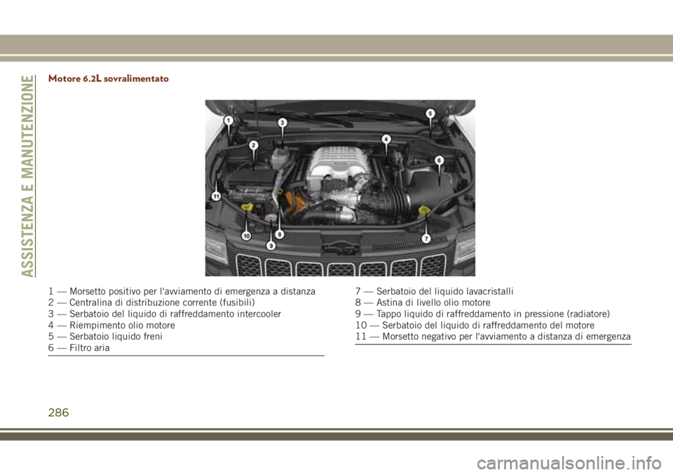 JEEP GRAND CHEROKEE 2018 Libretto Uso Manutenzione (in Italian) Motore 6.2L sovralimentato
1 — Morsetto positivo per l'avviamento di emergenza a distanza
2 — Centralina di distribuzione corrente (fusibili)
3 — Serbatoio del liquido di raffreddamento inte JEEP GRAND CHEROKEE 2018 Libretto Uso Manutenzione (in Italian) Motore 6.2L sovralimentato
1 — Morsetto positivo per l'avviamento di emergenza a distanza
2 — Centralina di distribuzione corrente (fusibili)
3 — Serbatoio del liquido di raffreddamento inte