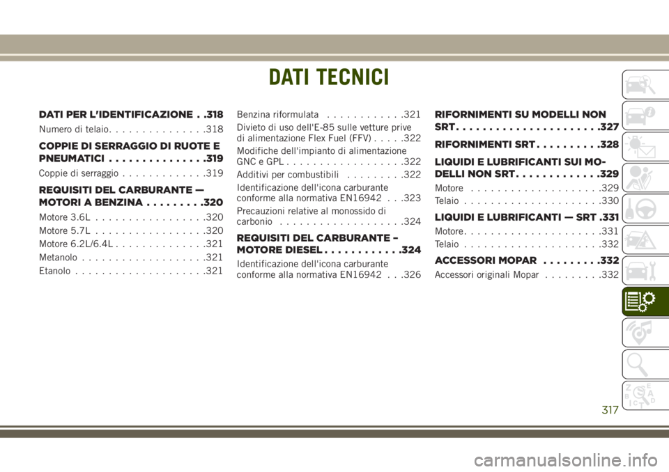 JEEP GRAND CHEROKEE 2018 Libretto Uso Manutenzione (in Italian) DATI TECNICI
DATI PER L'IDENTIFICAZIONE . .318
Numero di telaio...............318
COPPIE DI SERRAGGIO DI RUOTE E
PNEUMATICI...............319
Coppie di serraggio.............319
REQUISITI DEL CARB JEEP GRAND CHEROKEE 2018 Libretto Uso Manutenzione (in Italian) DATI TECNICI
DATI PER L'IDENTIFICAZIONE . .318
Numero di telaio...............318
COPPIE DI SERRAGGIO DI RUOTE E
PNEUMATICI...............319
Coppie di serraggio.............319
REQUISITI DEL CARB