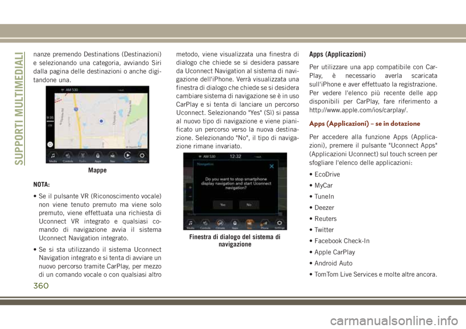 JEEP GRAND CHEROKEE 2018 Libretto Uso Manutenzione (in Italian) nanze premendo Destinations (Destinazioni)
e selezionando una categoria, avviando Siri
dalla pagina delle destinazioni o anche digi-
tandone una.
NOTA:
• Se il pulsante VR (Riconoscimento vocale)
no JEEP GRAND CHEROKEE 2018 Libretto Uso Manutenzione (in Italian) nanze premendo Destinations (Destinazioni)
e selezionando una categoria, avviando Siri
dalla pagina delle destinazioni o anche digi-
tandone una.
NOTA:
• Se il pulsante VR (Riconoscimento vocale)
no