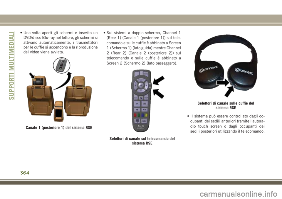 JEEP GRAND CHEROKEE 2018 Libretto Uso Manutenzione (in Italian) • Una volta aperti gli schermi e inserito un
DVD/disco Blu-ray nel lettore, gli schermi si
attivano automaticamente, i trasmettitori
per le cuffie si accendono e la riproduzione
del video viene avvi JEEP GRAND CHEROKEE 2018 Libretto Uso Manutenzione (in Italian) • Una volta aperti gli schermi e inserito un
DVD/disco Blu-ray nel lettore, gli schermi si
attivano automaticamente, i trasmettitori
per le cuffie si accendono e la riproduzione
del video viene avvi
