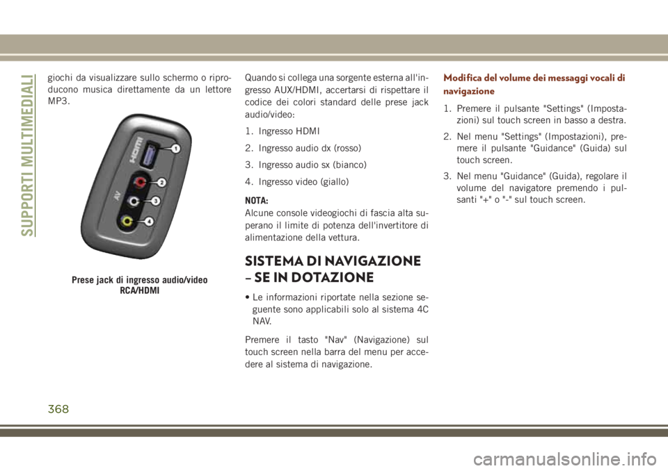 JEEP GRAND CHEROKEE 2018 Libretto Uso Manutenzione (in Italian) giochi da visualizzare sullo schermo o ripro-
ducono musica direttamente da un lettore
MP3.Quando si collega una sorgente esterna all'in-
gresso AUX/HDMI, accertarsi di rispettare il
codice dei co JEEP GRAND CHEROKEE 2018 Libretto Uso Manutenzione (in Italian) giochi da visualizzare sullo schermo o ripro-
ducono musica direttamente da un lettore
MP3.Quando si collega una sorgente esterna all'in-
gresso AUX/HDMI, accertarsi di rispettare il
codice dei co
