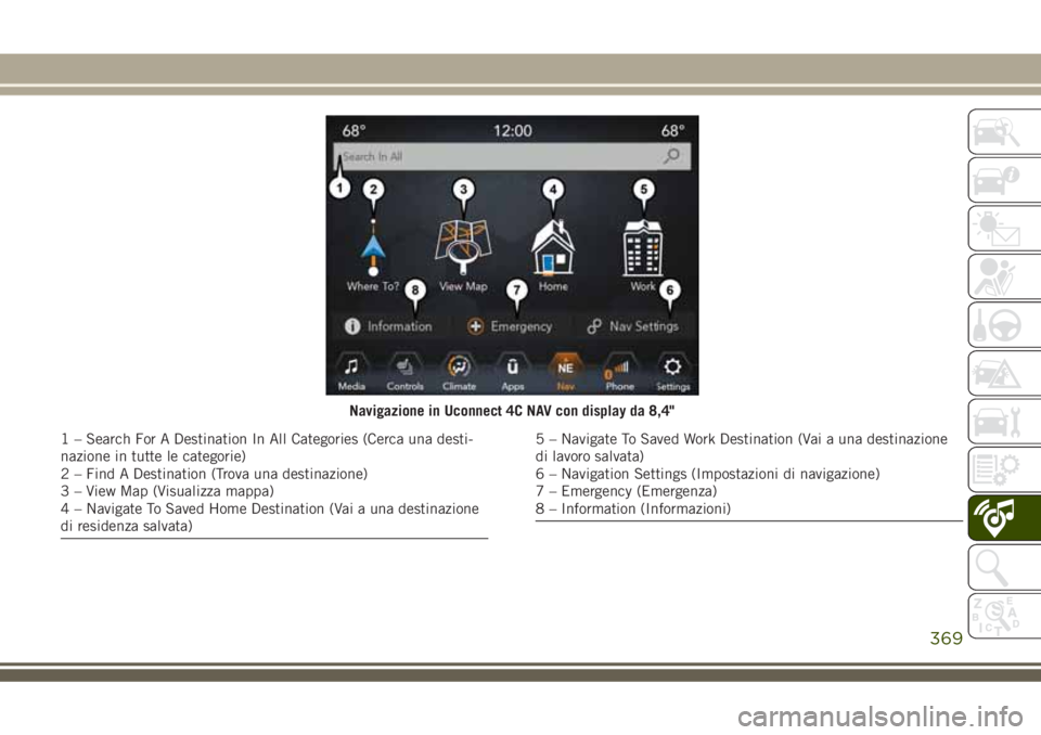 JEEP GRAND CHEROKEE 2018 Libretto Uso Manutenzione (in Italian) Navigazione in Uconnect 4C NAV con display da 8,4"
1 – Search For A Destination In All Categories (Cerca una desti-
nazione in tutte le categorie)
2 – Find A Destination (Trova una destinazion JEEP GRAND CHEROKEE 2018 Libretto Uso Manutenzione (in Italian) Navigazione in Uconnect 4C NAV con display da 8,4"
1 – Search For A Destination In All Categories (Cerca una desti-
nazione in tutte le categorie)
2 – Find A Destination (Trova una destinazion