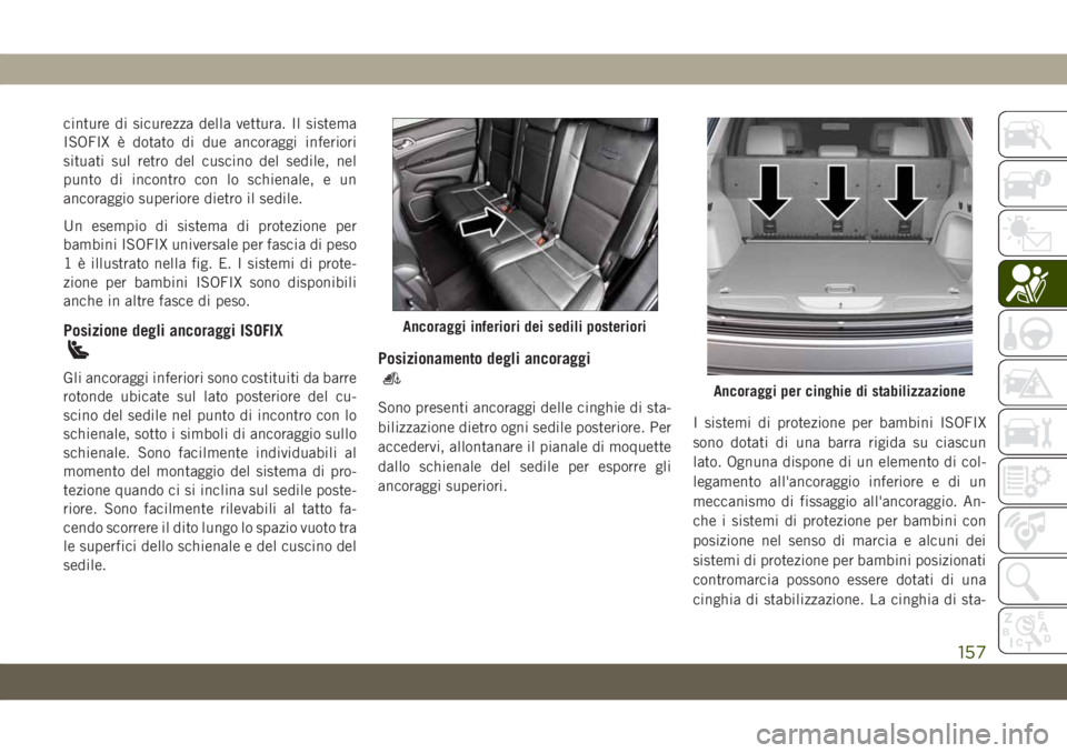 JEEP GRAND CHEROKEE 2020 Libretto Uso Manutenzione (in Italian) cinture di sicurezza della vettura. Il sistema
ISOFIX è dotato di due ancoraggi inferiori
situati sul retro del cuscino del sedile, nel
punto di incontro con lo schienale, e un
ancoraggio superiore d JEEP GRAND CHEROKEE 2020 Libretto Uso Manutenzione (in Italian) cinture di sicurezza della vettura. Il sistema
ISOFIX è dotato di due ancoraggi inferiori
situati sul retro del cuscino del sedile, nel
punto di incontro con lo schienale, e un
ancoraggio superiore d