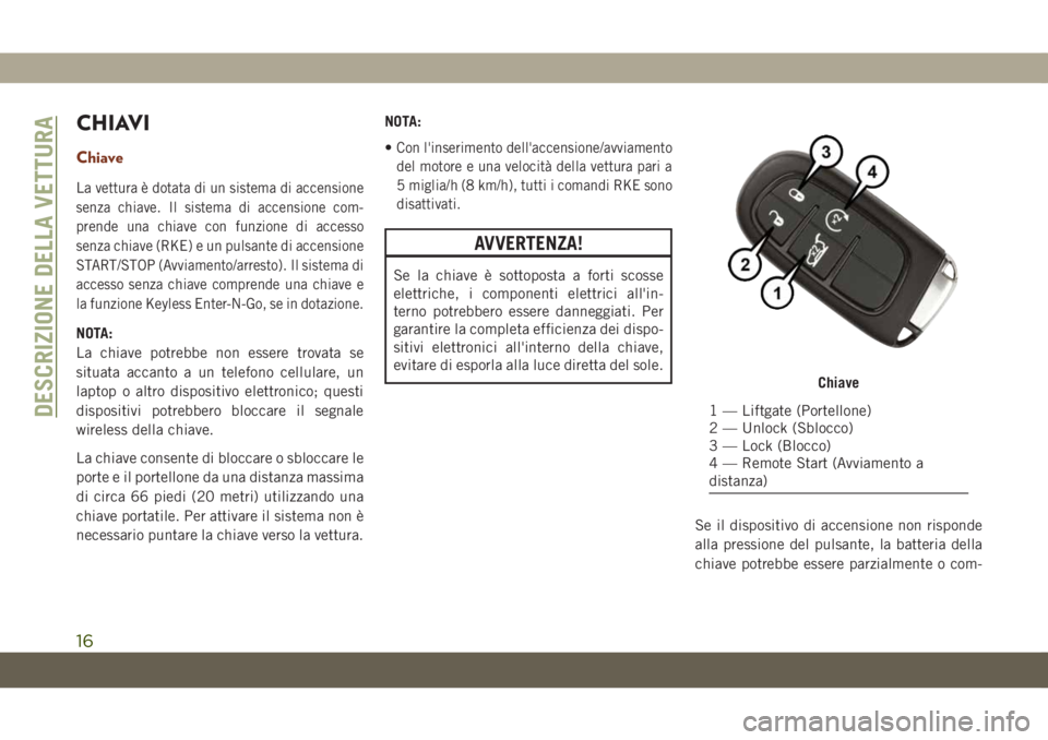 JEEP GRAND CHEROKEE 2021  Libretto Uso Manutenzione (in Italian) CHIAVI
Chiave
Lavettura è dotata di un sistema di accensione
senza chiave. Il sistema di accensione com-
prende una chiave con funzione di accesso
senza chiave (RKE) e un pulsante di accensione
START