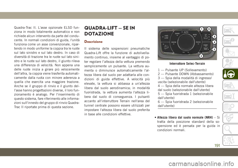 JEEP GRAND CHEROKEE 2020 Libretto Uso Manutenzione (in Italian) Quadra-Trac II. L'asse opzionale ELSD fun-
ziona in modo totalmente automatico e non
richiede alcun intervento da parte del condu-
cente. In normali condizioni di guida, l'unità
funziona come JEEP GRAND CHEROKEE 2020 Libretto Uso Manutenzione (in Italian) Quadra-Trac II. L'asse opzionale ELSD fun-
ziona in modo totalmente automatico e non
richiede alcun intervento da parte del condu-
cente. In normali condizioni di guida, l'unità
funziona come