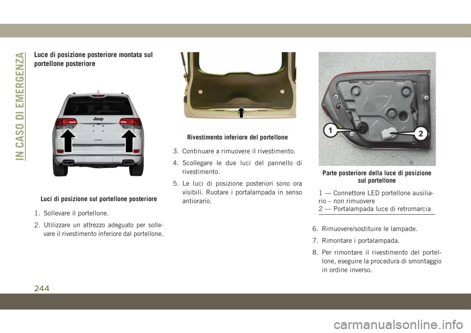 JEEP GRAND CHEROKEE 2020 Libretto Uso Manutenzione (in Italian) Luce di posizione posteriore montata sul
portellone posteriore
1. Sollevare il portellone.
2.
Utilizzare un attrezzo adeguato per solle-
vare il rivestimento inferiore dal portellone.
3. Continuare a JEEP GRAND CHEROKEE 2020 Libretto Uso Manutenzione (in Italian) Luce di posizione posteriore montata sul
portellone posteriore
1. Sollevare il portellone.
2.
Utilizzare un attrezzo adeguato per solle-
vare il rivestimento inferiore dal portellone.
3. Continuare a