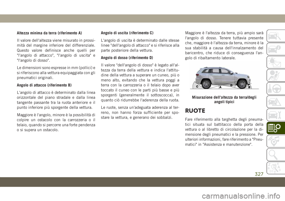 JEEP GRAND CHEROKEE 2020 Libretto Uso Manutenzione (in Italian) Altezza minima da terra (riferimento A)
Il valore dell'altezza viene misurato in prossi-
mità del margine inferiore del differenziale.
Questo valore definisce anche quelli per
"l'angolo d JEEP GRAND CHEROKEE 2020 Libretto Uso Manutenzione (in Italian) Altezza minima da terra (riferimento A)
Il valore dell'altezza viene misurato in prossi-
mità del margine inferiore del differenziale.
Questo valore definisce anche quelli per
"l'angolo d