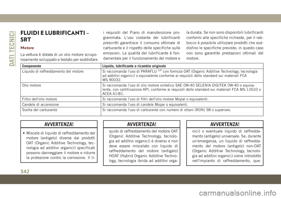 JEEP GRAND CHEROKEE 2020 Libretto Uso Manutenzione (in Italian) FLUIDI E LUBRIFICANTI –
SRT
Motore
La vettura è dotata di un olio motore scrupo-
losamente sviluppato e testato per soddisfarei requisiti del Piano di manutenzione pro-
grammata. L'uso costante JEEP GRAND CHEROKEE 2020 Libretto Uso Manutenzione (in Italian) FLUIDI E LUBRIFICANTI –
SRT
Motore
La vettura è dotata di un olio motore scrupo-
losamente sviluppato e testato per soddisfarei requisiti del Piano di manutenzione pro-
grammata. L'uso costante