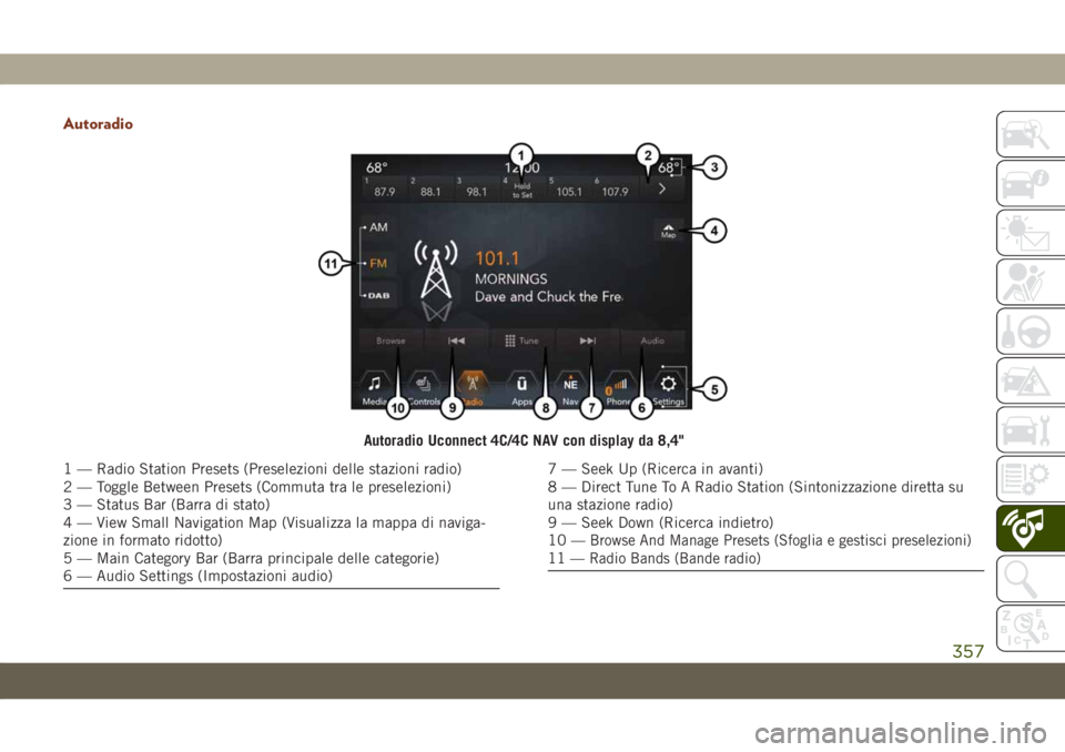 JEEP GRAND CHEROKEE 2020 Libretto Uso Manutenzione (in Italian) Autoradio
Autoradio Uconnect 4C/4C NAV con display da 8,4"
1 — Radio Station Presets (Preselezioni delle stazioni radio)
2 — Toggle Between Presets (Commuta tra le preselezioni)
3 — Status B JEEP GRAND CHEROKEE 2020 Libretto Uso Manutenzione (in Italian) Autoradio
Autoradio Uconnect 4C/4C NAV con display da 8,4"
1 — Radio Station Presets (Preselezioni delle stazioni radio)
2 — Toggle Between Presets (Commuta tra le preselezioni)
3 — Status B