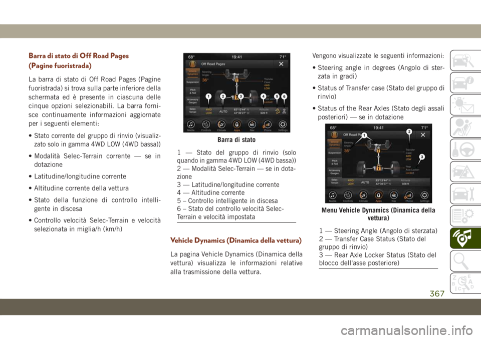 JEEP GRAND CHEROKEE 2021  Libretto Uso Manutenzione (in Italian) Barra di stato di Off Road Pages
(Pagine fuoristrada)
La barra di stato di Off Road Pages (Pagine
fuoristrada) si trova sulla parte inferiore della
schermata ed è presente in ciascuna delle
cinque op