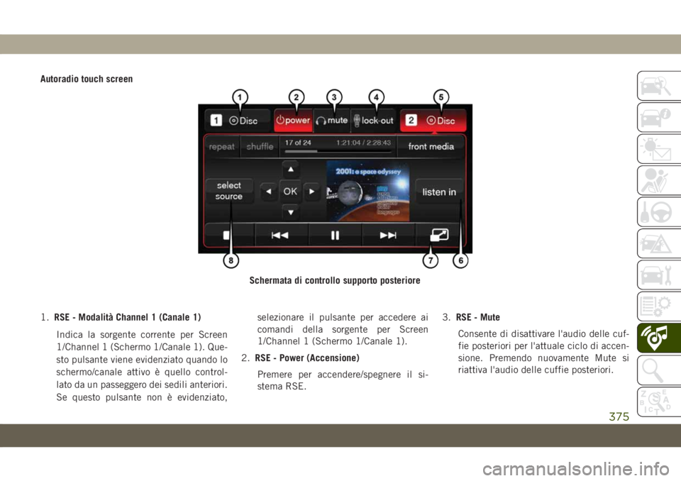 JEEP GRAND CHEROKEE 2020 Libretto Uso Manutenzione (in Italian) Autoradio touch screen
1.RSE - Modalità Channel 1 (Canale 1)
Indica la sorgente corrente per Screen
1/Channel 1 (Schermo 1/Canale 1). Que-
sto pulsante viene evidenziato quando lo
schermo/canale atti JEEP GRAND CHEROKEE 2020 Libretto Uso Manutenzione (in Italian) Autoradio touch screen
1.RSE - Modalità Channel 1 (Canale 1)
Indica la sorgente corrente per Screen
1/Channel 1 (Schermo 1/Canale 1). Que-
sto pulsante viene evidenziato quando lo
schermo/canale atti