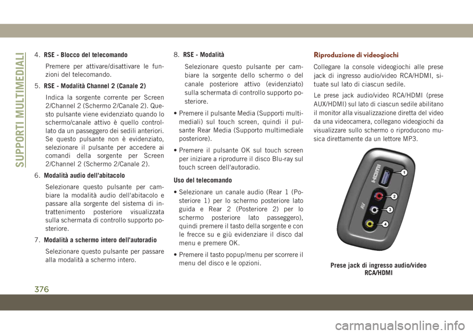 JEEP GRAND CHEROKEE 2020 Libretto Uso Manutenzione (in Italian) 4.RSE - Blocco del telecomando
Premere per attivare/disattivare le fun-
zioni del telecomando.
5.RSE - Modalità Channel 2 (Canale 2)
Indica la sorgente corrente per Screen
2/Channel 2 (Schermo 2/Cana JEEP GRAND CHEROKEE 2020 Libretto Uso Manutenzione (in Italian) 4.RSE - Blocco del telecomando
Premere per attivare/disattivare le fun-
zioni del telecomando.
5.RSE - Modalità Channel 2 (Canale 2)
Indica la sorgente corrente per Screen
2/Channel 2 (Schermo 2/Cana