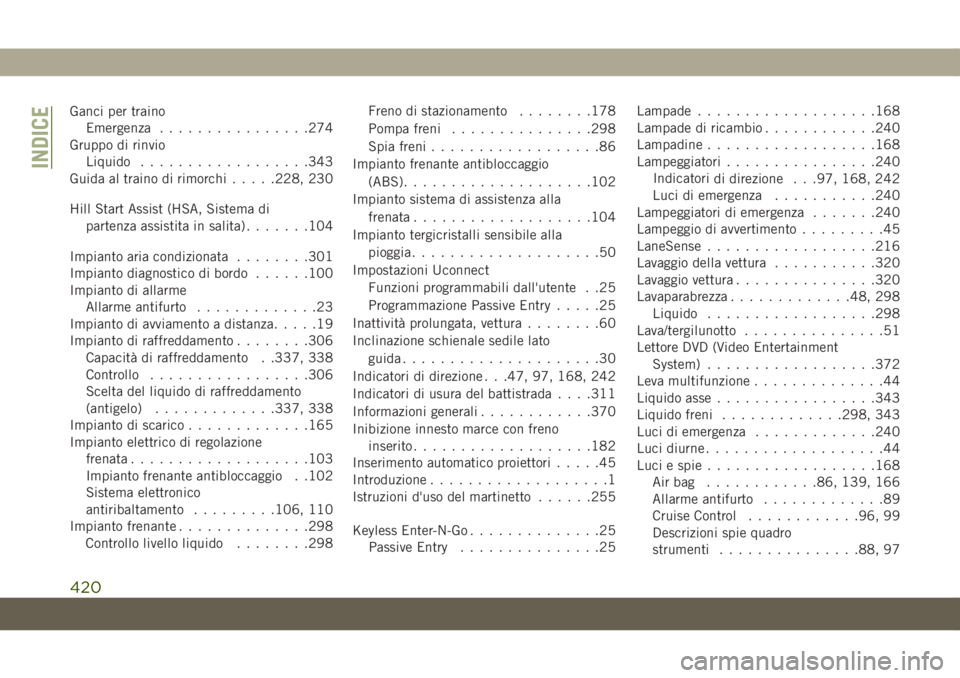 JEEP GRAND CHEROKEE 2020  Libretto Uso Manutenzione (in Italian) Ganci per traino
Emergenza................274
Gruppo di rinvio
Liquido..................343
Guida al traino di rimorchi.....228, 230
Hill Start Assist (HSA, Sistema di
partenza assistita in salita)...