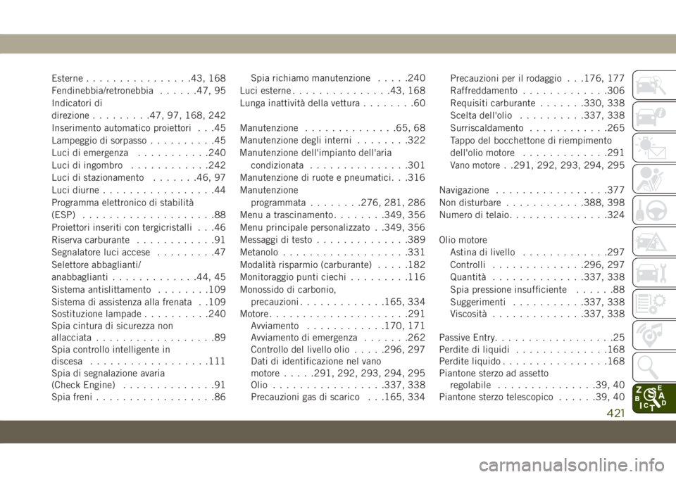 JEEP GRAND CHEROKEE 2021  Libretto Uso Manutenzione (in Italian) Esterne................43, 168
Fendinebbia/retronebbia......47, 95
Indicatori di
direzione.........47, 97, 168, 242
Inserimento automatico proiettori . . .45
Lampeggio di sorpasso..........45
Luci di 