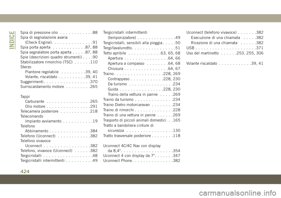 JEEP GRAND CHEROKEE 2020  Libretto Uso Manutenzione (in Italian) Spia di pressione olio............88
Spia di segnalazione avaria
(Check Engine)...............91
Spia porta aperta............87, 88
Spia segnalatore porta aperta.....87, 88
Spie (descrizioni quadro s