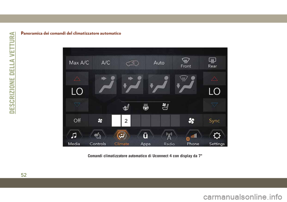 JEEP GRAND CHEROKEE 2020 Libretto Uso Manutenzione (in Italian) Panoramica dei comandi del climatizzatore automatico
Comandi climatizzatore automatico di Uconnect 4 con display da 7"
DESCRIZIONE DELLA VETTURA
52 JEEP GRAND CHEROKEE 2020 Libretto Uso Manutenzione (in Italian) Panoramica dei comandi del climatizzatore automatico
Comandi climatizzatore automatico di Uconnect 4 con display da 7"
DESCRIZIONE DELLA VETTURA
52