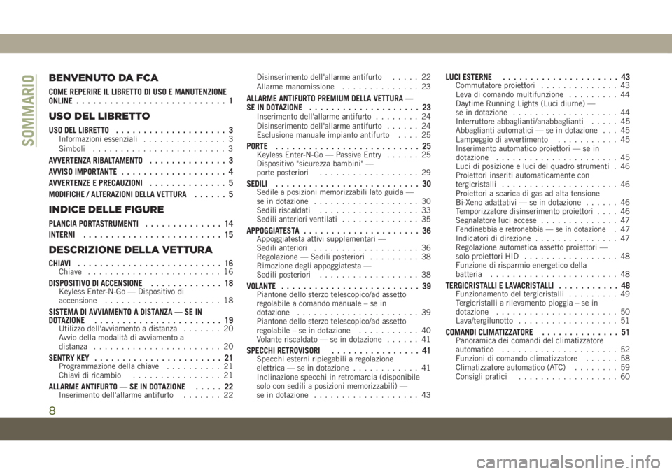 JEEP GRAND CHEROKEE 2021  Libretto Uso Manutenzione (in Italian) BENVENUTO DA FCA
COME REPERIRE IL LIBRETTO DI USO E MANUTENZIONE
ONLINE........................... 1
USO DEL LIBRETTO
USO DEL LIBRETTO.................... 3Informazioni essenziali............... 3
Sim