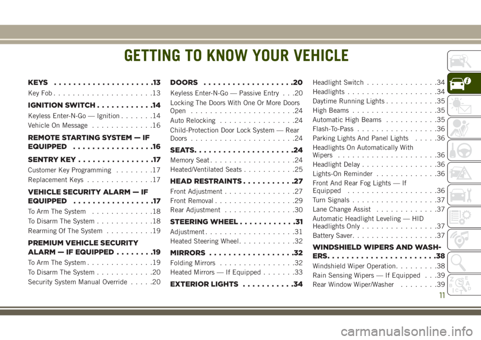 JEEP GRAND CHEROKEE 2018 Owner handbook (in English) GETTING TO KNOW YOUR VEHICLE
KEYS .....................13
KeyFob.....................13
IGNITION SWITCH............14
Keyless Enter-N-Go — Ignition.......14
Vehicle On Message.............16
REMOTE JEEP GRAND CHEROKEE 2018 Owner handbook (in English) GETTING TO KNOW YOUR VEHICLE
KEYS .....................13
KeyFob.....................13
IGNITION SWITCH............14
Keyless Enter-N-Go — Ignition.......14
Vehicle On Message.............16
REMOTE